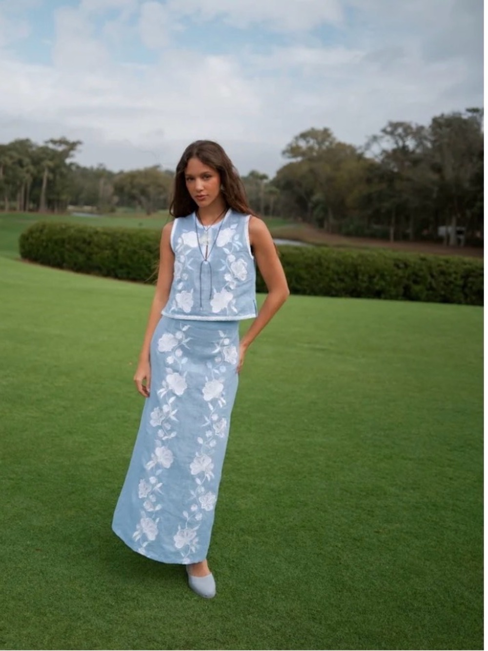 Asha OTM exclusive Light Blue Sleeveless Embroidered Maxi skirt and top - Picture 2 of 8